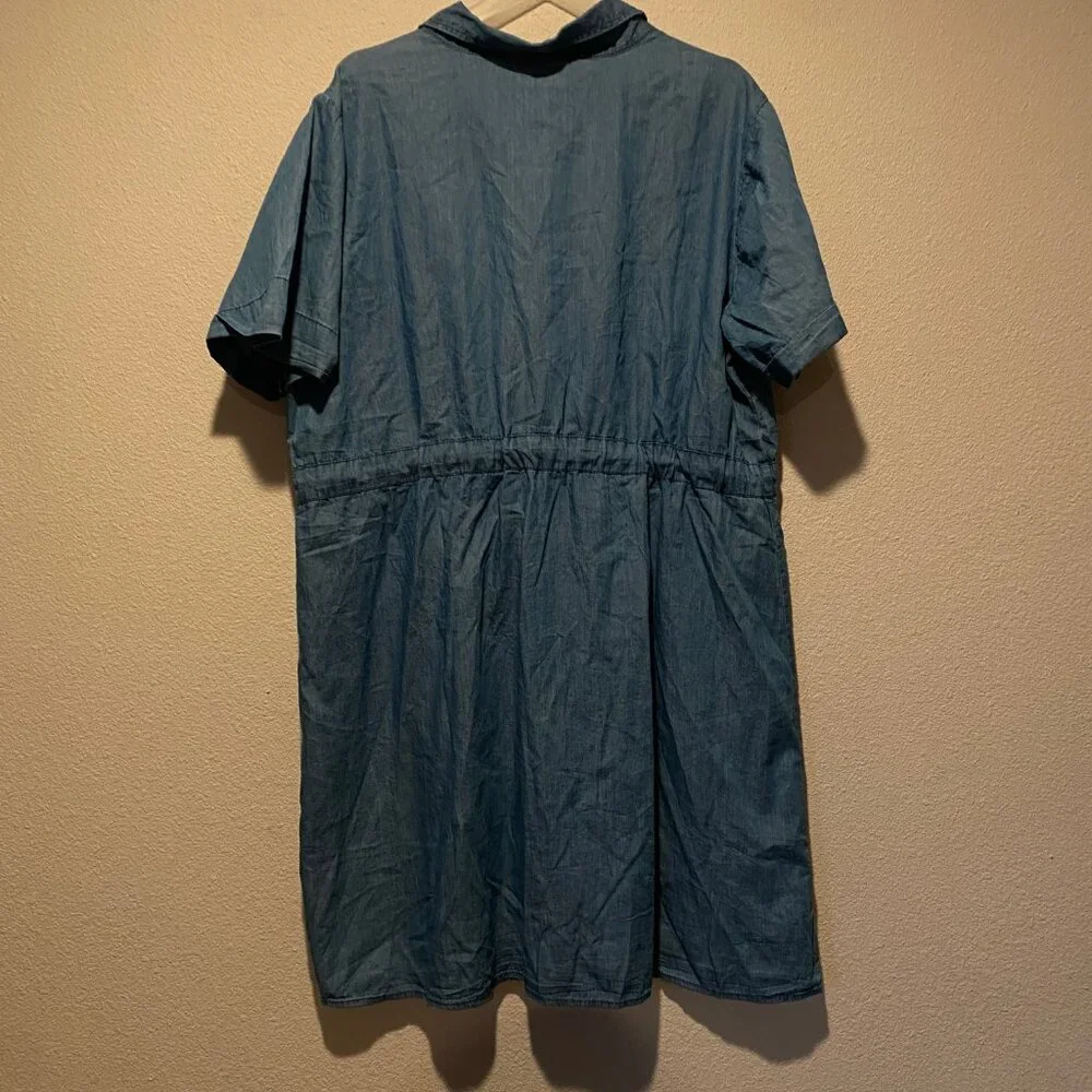 MPH Chambray Denim Dress‎ 3X Short Sleeve Button Front Tie Waist